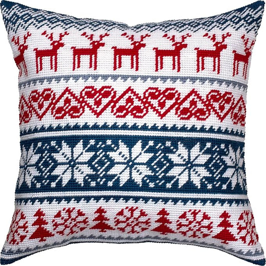 Brvsk Winter Embroidery Kit for Adults and Beginners — Christmas Deer Pattern 16″ × 16″ with Clear, Precise Printed Design on Cotton Canvas; Includes 2 Needles, Yarn, and Easy-Read Chart