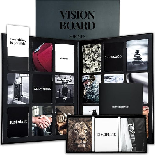 Vision Board Kit for Men - 168 Cards with Diverse Pictures & Quotes, Black Foldable Board & Complete Guide Book | Manifestation Clip Art Collage Supplies for Male Adults | No Old Magazines Needed