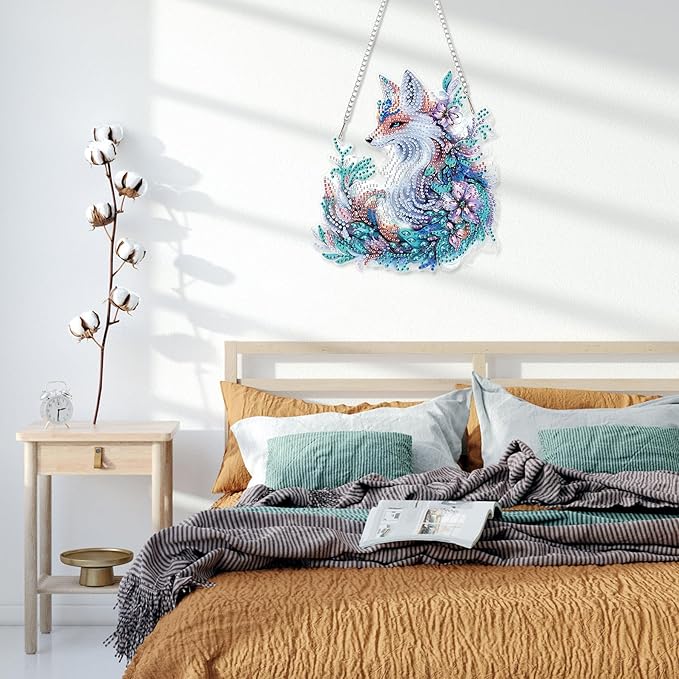 HEIBAGO Diamond Art Hanging Kits for Adults Kids, Hanging Diamond Art Fox, 5D Special Shaped Crystal Diamond Painting Kit, DIY Pattern Window Pendant for Home Wall Decor 8.3x8.3Inch