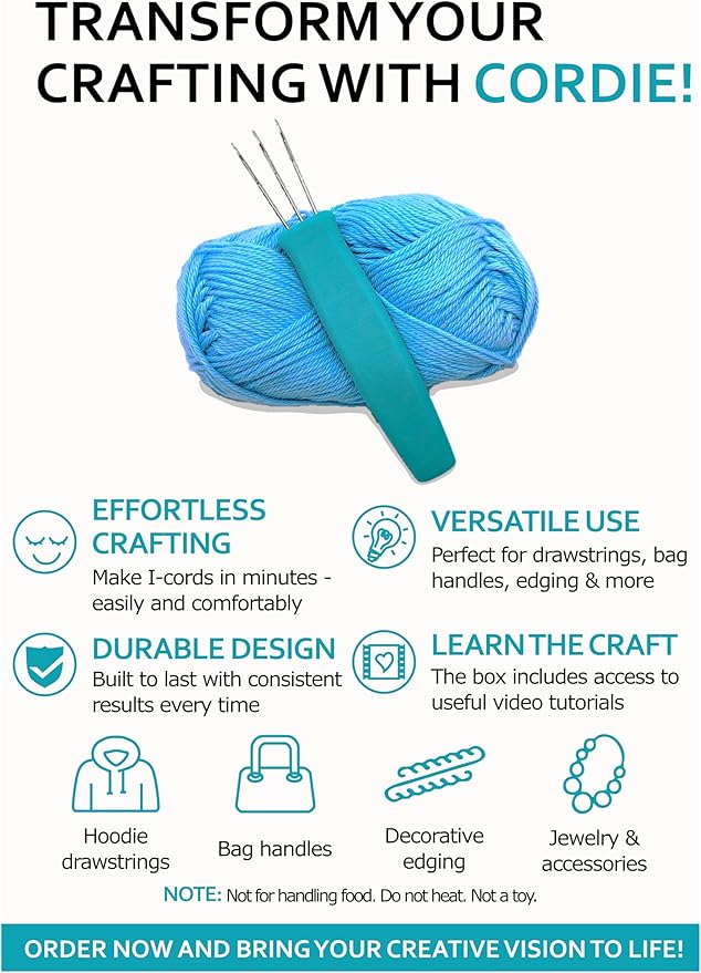 House Village Cordie - I-Cord Hand Tool for Knitting, Crochet, I-Cord Bind Offs and DIY Crafts (Cyan Blue) - Cord Maker, Compact Durable Craft Tool with Video Instructions