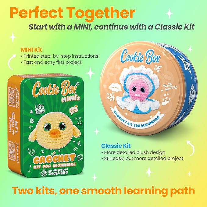 Cookie Box MINIs Crochet Kit for Beginners – Gift Set to Make Duck Daisy Amigurumi Plushie – Easy DIY Crochet & Knitting Starter Kit with Printed Instructions & Step-by-Step Video Tutorial