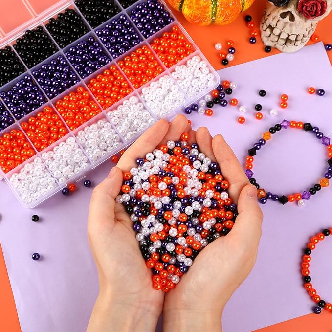 UPINS 1200Pcs Halloween Beads Round 6mm Black Purple Orange White Pearl Beads for Jewelry Making Halloween Mardi Gras Party Decoration Necklace Bracelets Hair Beads DIY Crafts (4 Colors)