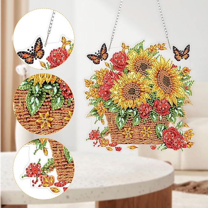 QENSPE Diamond Painting Art Hanging Kits for Adults, 5D Sunflower Diamond Paingting Ornaments with Chain, DIY Butterfly Crystal Window Pendants for Home Wall Decor Double Sided Gift 8X8 inch