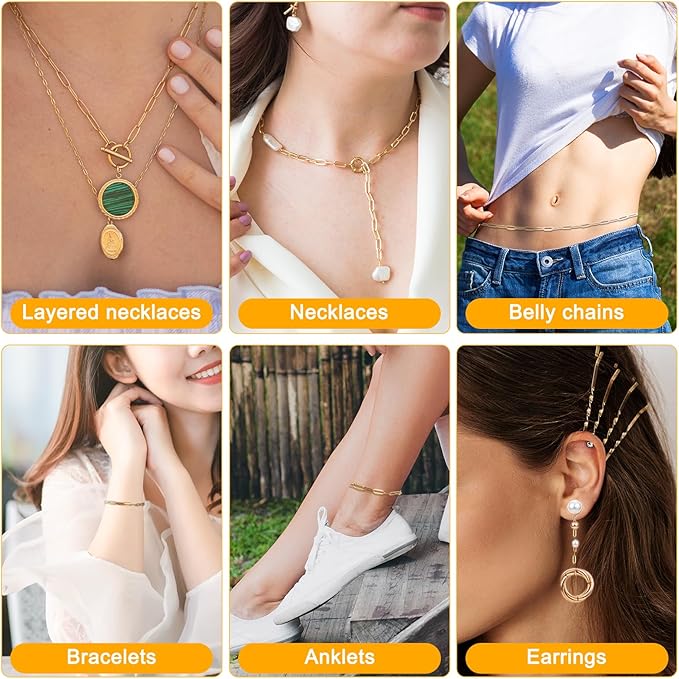 23 Ft Gold Chain for Jewelry Making, 18K Gold Plated Stainless Steel Oval Paperclip Chain Roll with 10 Lobster Clasps 30 Jump Rings 1 Opening Closing Tool for DIY Charm Necklaces Bracelets Women Men