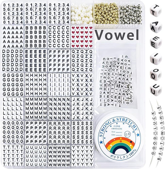 MIIIM 1650 Pcs Pony Beads Letters for Bracelets Making, Vowel-Rich Alphabet Kit with Minimized Rare Characters, 6x7mm Large Hole Square Letter Beads, Numbers (White and Black)