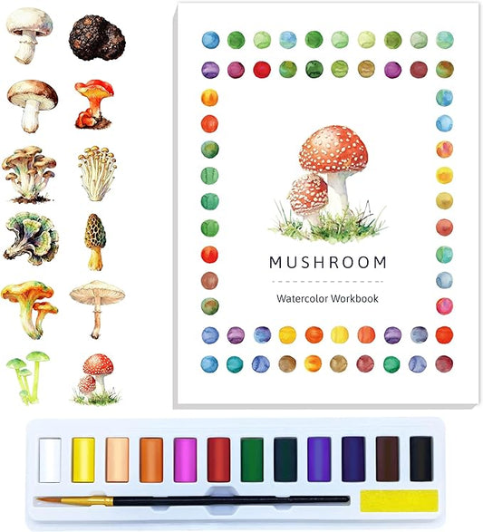 CraftyManor Watercolor Workbook Creative Insect Water Color Paint Book Set with Paints & Brush, 12 Patterns of Original DIY Designs, Beginner-Friendly Adult Coloring Books (Mushroom)
