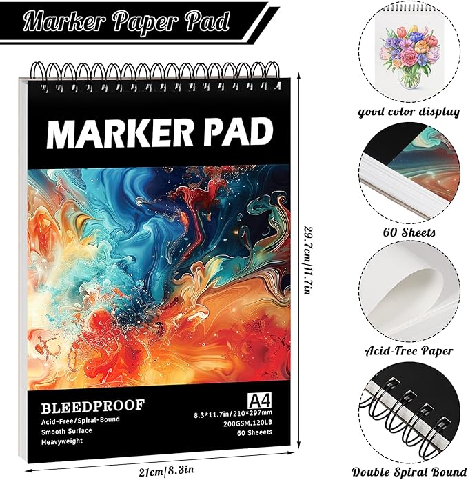 60 Sheets Marker Paper Pad, A4(8.3"x11.7") Alcohol Marker Paper Sketch Pad, 120lb/200gsm Heavyweight Spiral Sketch Book, Painting Coloring Drawing Paper for Beginners Artists