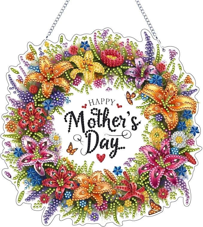 VODAPYC Mother's Day Diamond Art Hanging Kits for Adults, Acrylic DIY Double Sided Special Shaped Flower Diamonds Art Windows Pendant Ornament(Mother's Day Wreath)