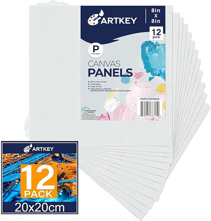 Canvas Panels 8x8 Inch 24-Pack, 10 oz Primed 100% Cotton White Blank Small Canvases for Painting, Square Flat Canvas Board for Oil Acrylics Watercolor & Tempera Paints