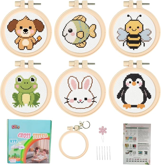 57lilina Cross Stitch Kits for Kids - 6 Set Easy Beginners Embroidery Kit for Kids, DIY Cute Pre Printed Stamped Crossstitch Needlepoint Patterns Craft for Backpack Charms, Keychains & Girls Gifts