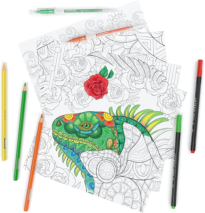 ARTEZA Adult Coloring Book, Animal Designs, 9x9 Inches, Stress-Relieving Coloring Pages with 50 One-Sided Images, 100 lb Paper