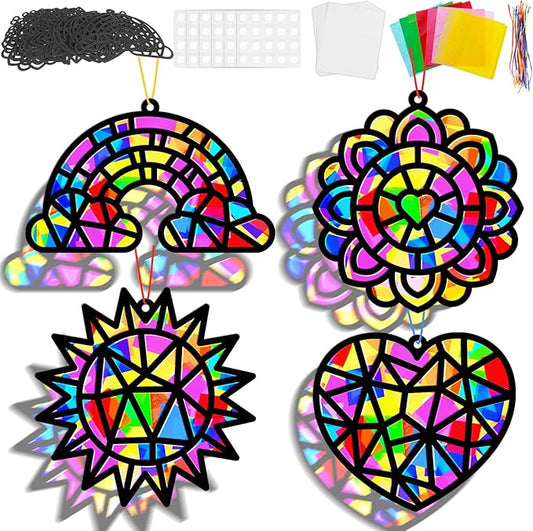 32 Sets Spring Crafts Suncatchers Kit DIY Rainbow Window Stained Glass Effect Paper Decoration Back to Art Craft Creative Activity Project Party Favors