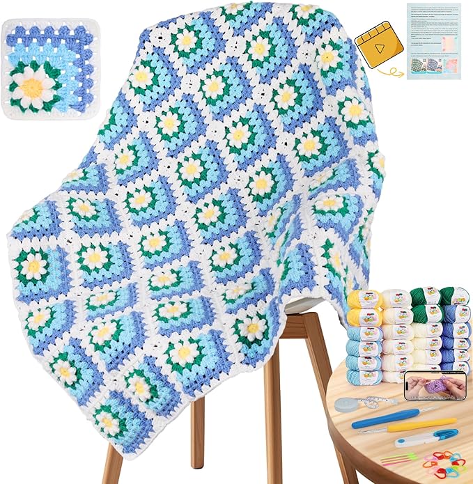 Coopay 3D Blanket Crochet Kit for Beginners, All-in-One Granny Square Blanket Kit with Step-by-Step Video & Enough Yarns - Master 3D Granny Square Crocheting Easily, Ideal Gift for Craft Lovers (Blue)