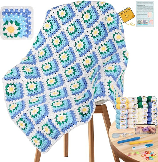 Coopay 3D Blanket Crochet Kit for Beginners, All-in-One Granny Square Blanket Kit with Step-by-Step Video & Enough Yarns - Master 3D Granny Square Crocheting Easily, Ideal Gift for Craft Lovers (Blue)