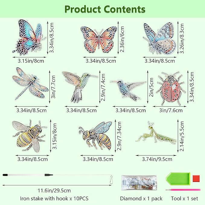 Muzagroo Art 10 Pcs Diamond Art Kits for Garden Decor Butterflies Hummingbirds Swaying in The Wind Insects Diamond Painting Kits for Adults with Iron Stakes Garden Decor Gem Art Kits Adults Crafts
