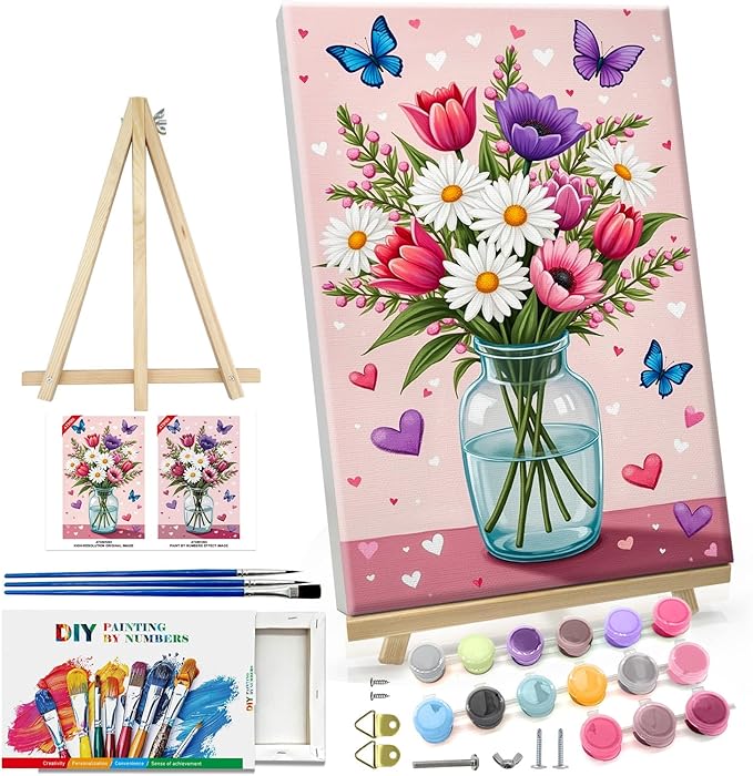 ATDMS Paint by Numbers Kit for Adults with Easel Flowers Paint by Number with Frame Floral Paint by Number with Easel DIY Acrylic Oil Painting Kits for Gift Home Wall Decor 8x12 Inch