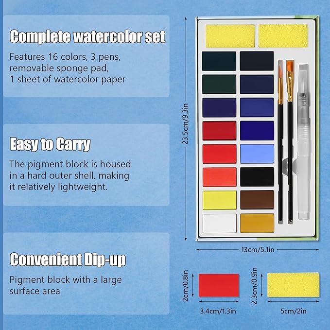 16 Colors Large Block Watercolor Paint Set for Watercolors Workbook, Portable Water Colors Paint Kit with 2 Paintbrushes 1 Waterbrush, for Adult Painting Beginners & Professional Amateur Hobbyists (Classic 16 Colors)