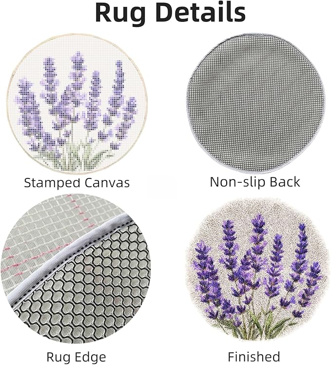 Latch Hook Rug Kit Lavender Flower Stamped Handmade Round Shape Carpet Crochet Yarn Craft DIY Hook and Latch Door Mat Tapestry for Christmas Home Floor Decor 50x50cm(1)