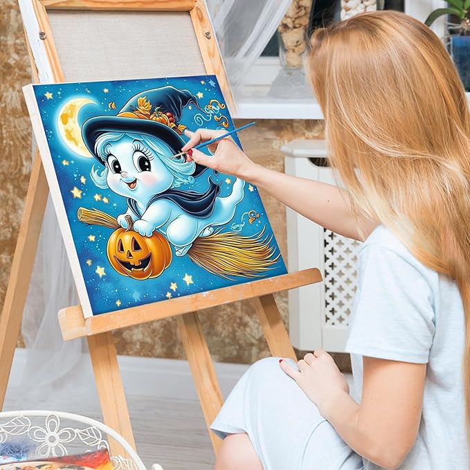 Bowetile 4 Pack Halloween Framed Paint by Numbers for Adults, Ghost Paint by Numbers for Kids Ages 8-12 on Canvas, Easy Acrylic Cartoon Number Painting Halloween Gifts for Home Wall Decor, 8x8in