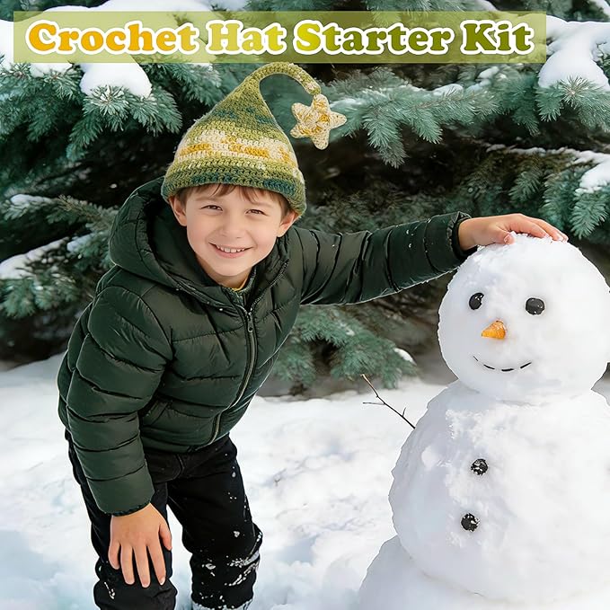 Alvian Witch Elf Hat Crochet Kit for Beginners Rainbow Crochet Beanie Kit Knitting Kit for Beginners Adults Handmade Winter Toque (Green)