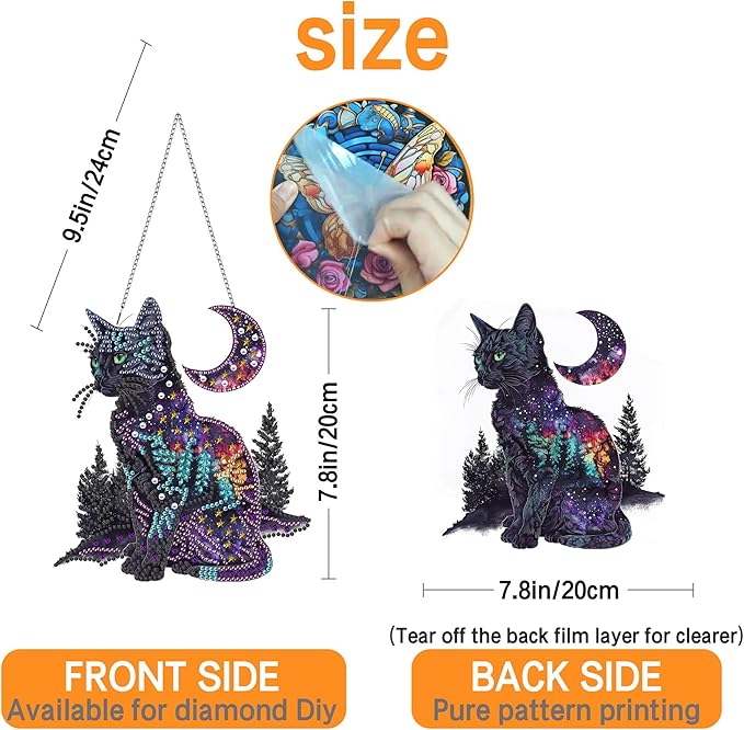 Ginfonr Diamond Painting Kits Hanging Pendant, Black Cat Diamond Art Kits for Adults, Special Shaped Rhinestone Animals Diamond Art, Double Sided Home Hanging Kits for Garden Wall Window (8 x 8inch)