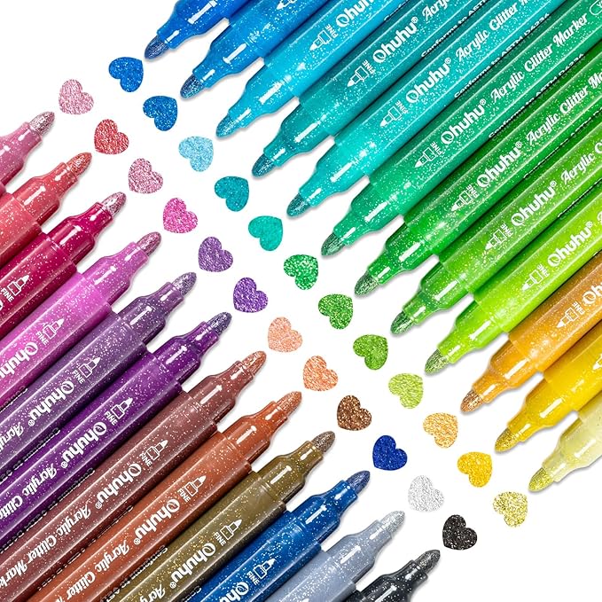 Ohuhu Acrylic Glitter Markers, 24 Metallic Glitter Colors, Fine Tip Paint Pens for Fine Details & Shimmer Accents, Water-Based & Quick Dry, for DIY Crafts, Cards, Journals, Wood & Rock, Medium Tip 3mm