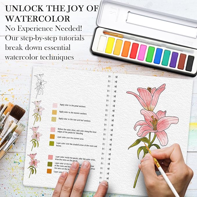 Watercolor Workbook, Watercolor Workbook Paint Book Beginner Friendly with 12 Patterns, Beginner-Friendly Watercolor Workbooks with 12 Paint Colors & Brush, Water Color Paint Set Valentine's Day Gift