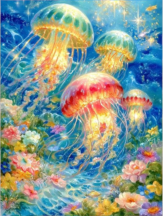 GEEHEIY Jellyfish Diamond Art Kits for Adults, 5D Diamond Painting Kits for Beginner, DIY Full Drill Round Gem Art for Home Wall Decor 12 x16 Inch