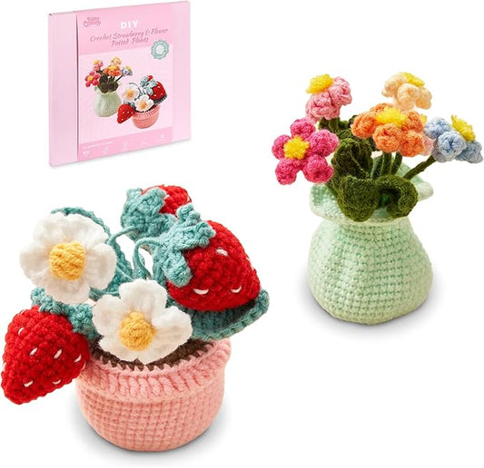 HOUSE CREATIVITY Crochet Plant Kit for Beginners – Make a Cute Strawberry Potted Plant, Amigurumi Crochet Starter Kit with Video Tutorial, Yarn, Hook & Pot, DIY Desk Decor Craft for Adults