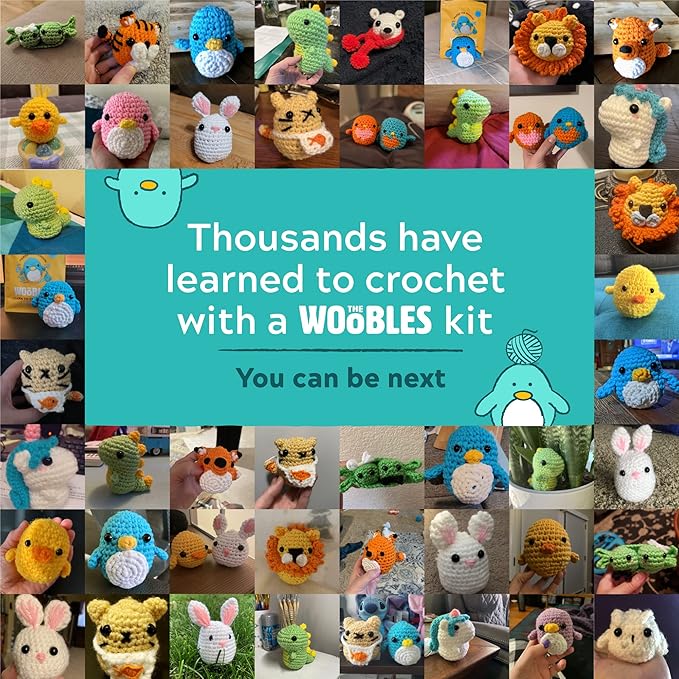 the woobles crochet kit for beginners - easy arts and crafts knitting & crochet animals kit all in one bundle as seen on shark tank - (penguin,chick,fox & bunny) with easy peasy yarn