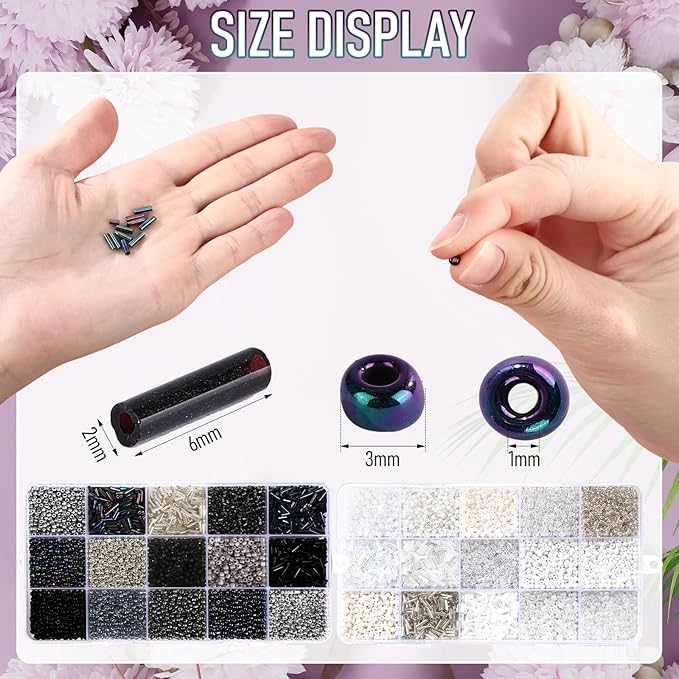 Misdary 30 Colors Glass Seed and Tube Bugle Beads Kit 2 Organizer Boxes Loose Beads for Jewelry Making DIY Crafts Bracelets and Necklaces(Black and White)