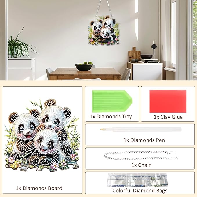 SENQAO Panda Hanging Diamond Art Painting Kits for Adults Beginners, 5D Special Shape Diamond Art Kits, Cute Panda Crystal Rhinestones Diamond Gem Art Painting for Home Garden Wall Decor