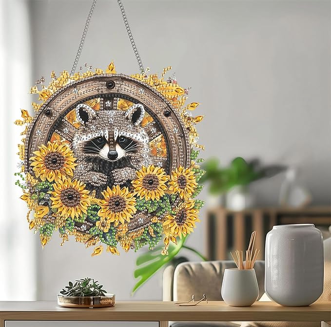 Bimkole Raccoon Diamond Art Hanging Kit for Adult, DIY 5D Sunflowers Diamond Art Painting Window Pendant, Acrylic Crystal Art Hanging Ornament for Wall Home Garden Front Door Decor - 7.8x7.8 Inch