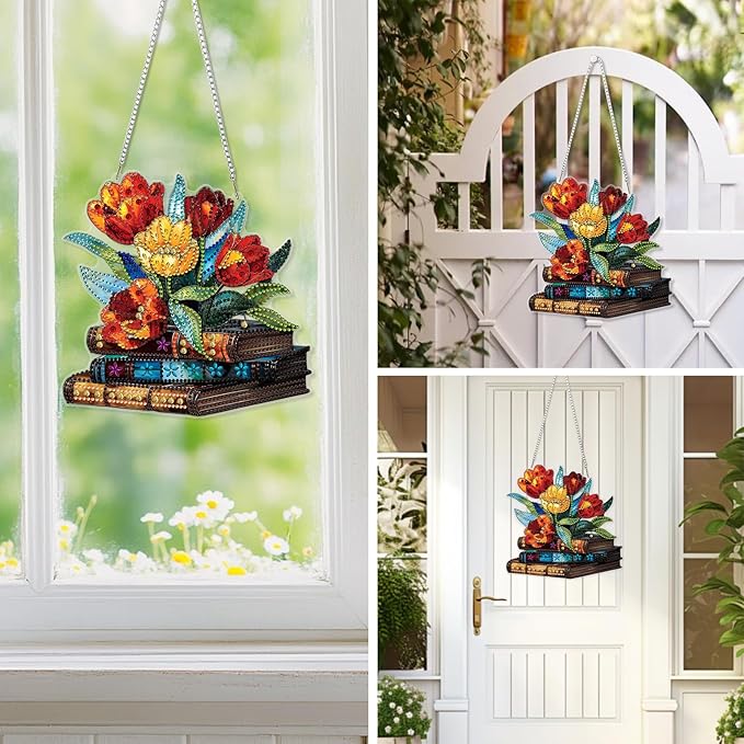 EOBROMD Diamond Hanging Art Kits for Adults, Book Suncatcher Diamond Art Painting Flower, DIY Special Shaped Rhinestone Kits for Adults, Window Pendants Home Garden Wall Hanging Ornament