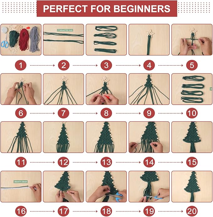 FREEBLOSS 4 Set Christmas Tree Macrame DIY Kit for Beginners Christmas Tree Hanging Ornaments for Holiday Wall Hanging, Come with Step by Step Tutorial