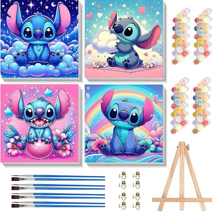 4 Pack Cartoon Paint by Numbers for Kids with Framed Canvas-with Wooden Easel, Paint by Number for Kids Ages 4-8-12, DIY Easy Acrylic Oil Painting Kits for Home Wall Decor (8X8inch)