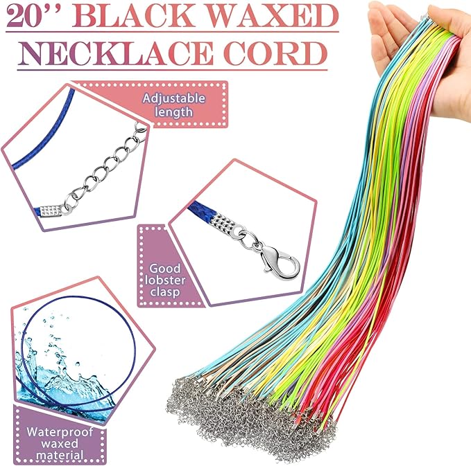 Tudomro 100 Pieces Waxed Leather Necklace Cord Bulk with Clasp Necklace Bracelet Chains String Rope Cord for Jewelry Making Pendants Charms(Rainbow Color,20 Inch)