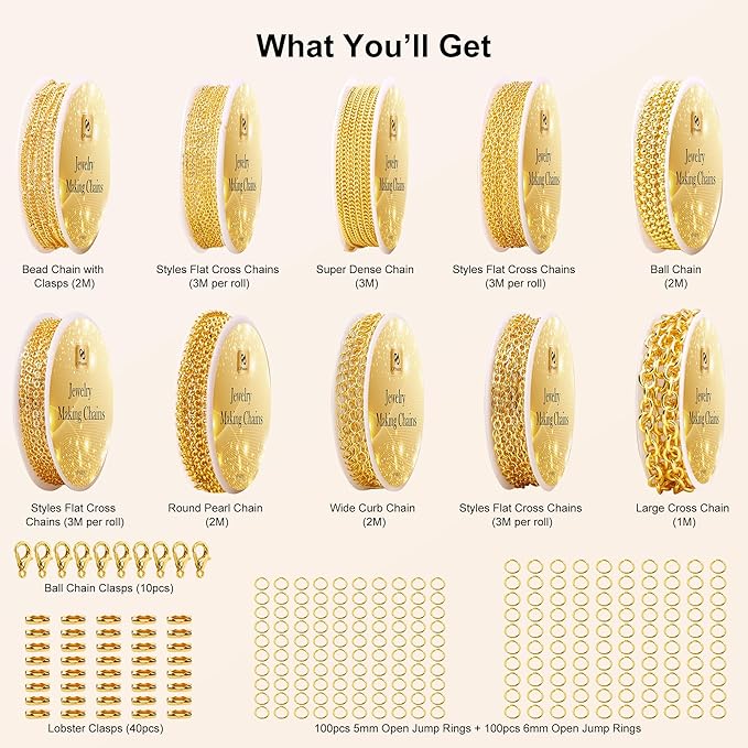 PP OPOUNT Gold Necklace Chains for Jewelry Making, 78.7 Feet 10 Rolls Chain for Jewelry Making DIY Necklace Bracelet Belt Earrings with Open Jump Rings & Lobster Clasps