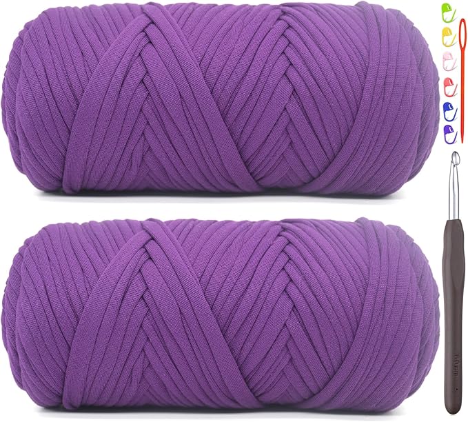 2 Pack Tshirt Yarn for Crocheting,Violet Purple T Shirt Chunky Elastic Fabric Thick T-Shirt Crochet Yarn for Beginners Crocheting Hand Knitting Bag/Basket/Coasters/DIY Crafts/Home Decor 2*200G(Violet）