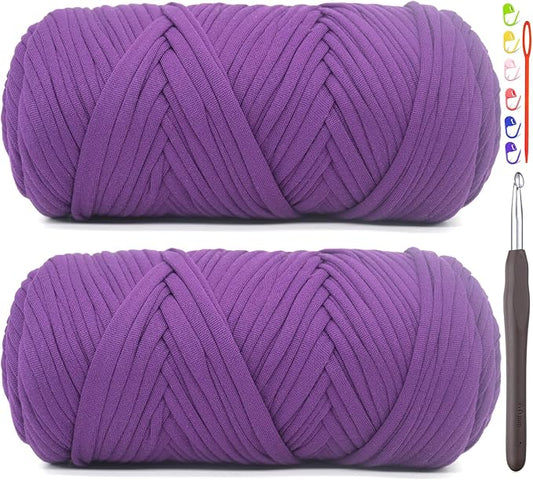 2 Pack Tshirt Yarn for Crocheting,Violet Purple T Shirt Chunky Elastic Fabric Thick T-Shirt Crochet Yarn for Beginners Crocheting Hand Knitting Bag/Basket/Coasters/DIY Crafts/Home Decor 2*200G(Violet）