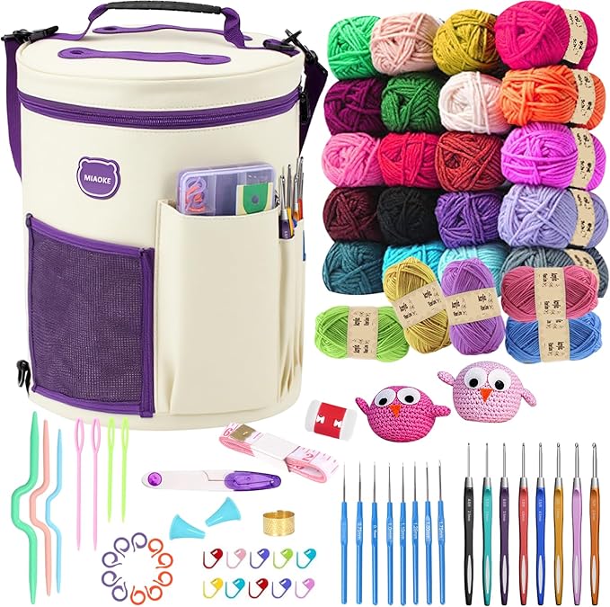 MIAOKE Crochet Kit, Crochet Kit for Beginners, 25 Crochet Yarn and 16 Different Sizes Crochet Hooks Set for Beginners, Include Stitch Markers, Thimble, Yarn Needles in Crochet Storage Beige Bag