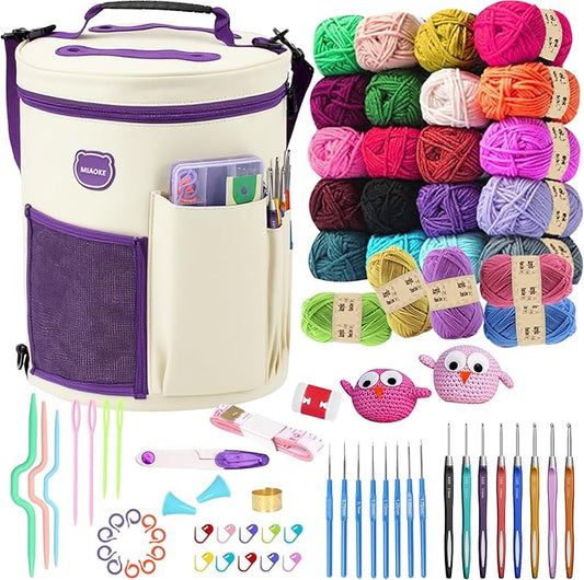 MIAOKE Crochet Kit, Crochet Kit for Beginners, 25 Crochet Yarn and 16 Different Sizes Crochet Hooks Set for Beginners, Include Stitch Markers, Thimble, Yarn Needles in Crochet Storage Beige Bag