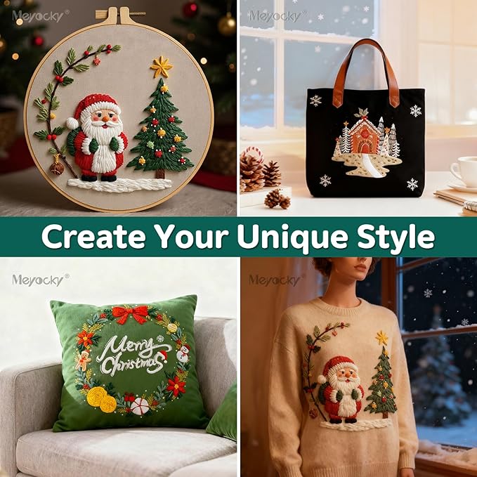 Meyocky Christmas Embroidery Kit, 3 Set Beginner Embroidery Kit for Adults Starter,Cross Stitch Kits Hand Needlepoint DIY Christmas Craft with Pattern Hoop Needles Threads Tools 7.8 Inch