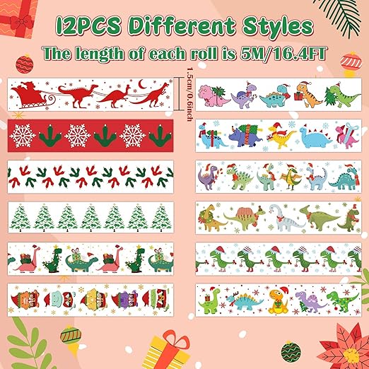 Christmas Dinosaur Washi Tape - 12 Rolls Dinosaur Footprints Christmas Trees Designs, Free Adhesive for Gift Wrapping, Scrapbook, Photo Albums, Journal Decor & DIY Projects
