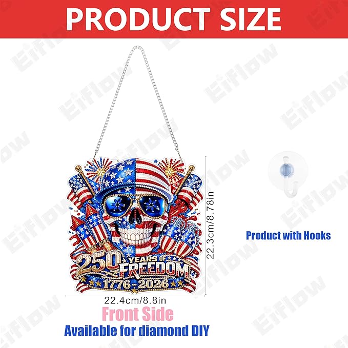 Eiflow 250th Anniversary Acrylic Diamond Art Hanging Kit for Adults, DIY Diamonds Painting Door Hanger Board Kit, Special Crystal Diamond Art Painting Pendant Ornament (4th of July)