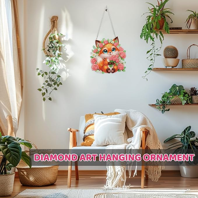 MEIYUDA Fox Diamond Art Hanging Kits for Adult, Flowers Fox Diamond Painting Hanging Kits Ornaments, Animals DIY Special Shaped Rhinestone Window Pendants kit for Home Garden Wall Decor Gift