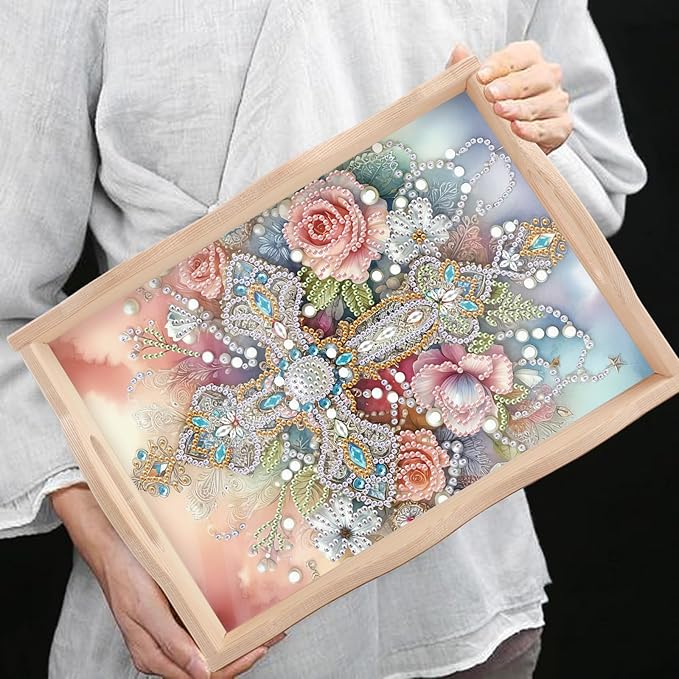 5D Diamond Art Tray with Handle for Adults DIY Diamond Art Plate Kits Flowers and Cross Picture Diamond Art Painting Dinner Plate for Coffee Living Room Home Organizer Parties Family Gatherings
