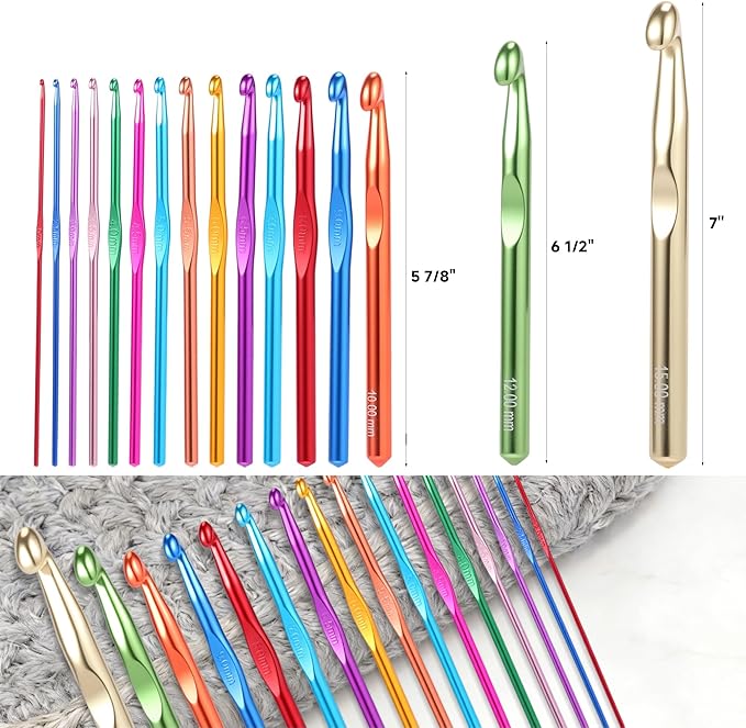GKINIKG Large Aluminum Crochet Hooks Huge Metal Crochet Hook Set - 16Pcs Crochet Needles for Thick Bulky Yarn Blankets - Beginners Big Crochet Set Size 2mm-6.5mm 7mm 8mm 9mm 10mm 12mm 15mm