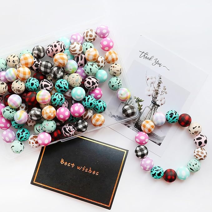 120pcs Richbunnys 15mm Bulk Silicone Beads for Pens and Keychain Making,Large Bead for Necklace and Bracelets Making,Assorted Rubber Beads Set（Print Graphics）