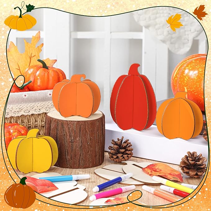 Blosssound 48 Pcs Fall Craft Set 36 Wood Pumpkin for Crafts 3D Pumpkin Cutouts with 12 Colored Markers Wooden Unfinished Slices to Paint for Thanksgiving Autumn Harvest DIY Handmade Tiered Tray Decor